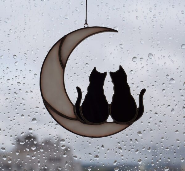 Hanging Suncatcher 2 Black Cats On The Moon stained glass window is a unique handmade decor, idea for an birthday and Christmas gift for an animal lover. This cute miniature art can decorate your home and garden outdoor decor, and pet loss memorial.