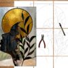 Stained glass pattern of a boho woman profile with sun and leaves in gold and green tones. Digital template showing exact 1pt line thickness for perfect copper foil glass assembly. Ready to print multi-page A4 PDF template, easy to assemble for accurate glass cutting.
