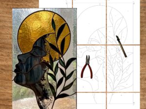 Stained glass pattern of a boho woman profile with sun and leaves in gold and green tones. Digital template showing exact 1pt line thickness for perfect copper foil glass assembly. Ready to print multi-page A4 PDF template, easy to assemble for accurate glass cutting.