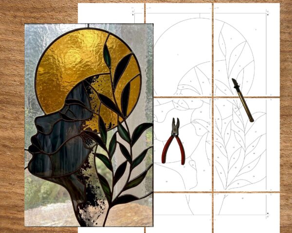Stained glass pattern of a boho woman profile with sun and leaves in gold and green tones. Digital template showing exact 1pt line thickness for perfect copper foil glass assembly. Ready to print multi-page A4 PDF template, easy to assemble for accurate glass cutting.