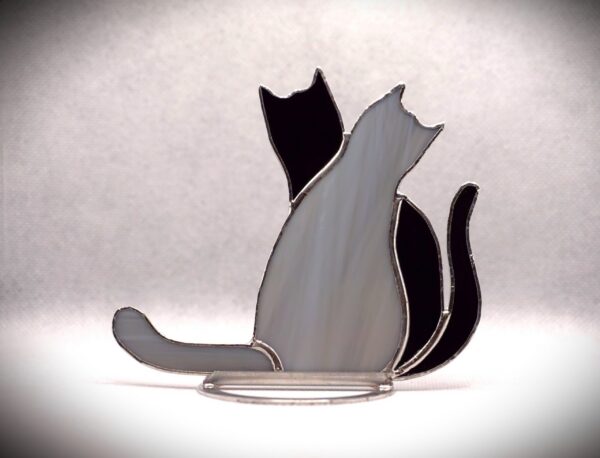 Two Cats Grey and Black Original Stained glass shelf sitters, standing on table, Suncatcher pet loss memorial, cute gift for animal lover Suncatcher Two cats shelf sitters, stained glass window is a unique handmade decor, a great idea for anniversary, birthday and Christmas gift for animal lover. This cute miniature art can decorate your home and garden outdoor decor.