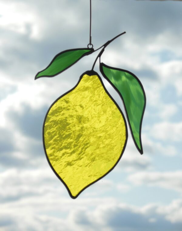 Hanging Suncatcher Lemon stained stained glass is a unique handmade decor, a great idea for birthday and Christmas gift. This cute miniature art can decorate your the window and wall in your kitchen in your home and garden outdoor decor.