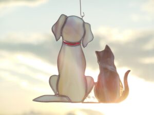 Hanging Suncatcher Dog and Cat stained glass window is a unique handmade decor, a great idea for birthday and Christmas gift for an animal lover. Also, this cute miniature art can decorate your home and garden outdoor decor, and pet loss memorial.
