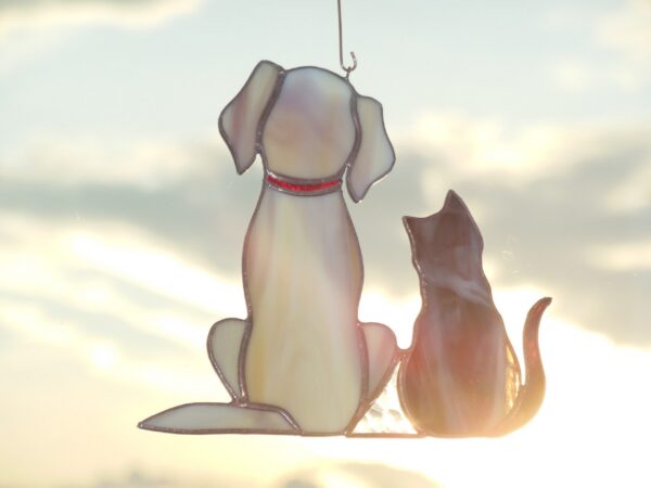 Dog and Cat , Retriever Labrador , Original Art stained glass hanging . Gift animal lover , pet loss memorial Hanging Suncatcher Dog and Cat stained glass window is a unique handmade decor, a great idea for birthday and Christmas gift for an animal lover. Also, this cute miniature art can decorate your home and garden outdoor decor, and pet loss memorial.