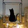 Hanging Suncatcher stained glass window Black Cat is a unique handmade decor, a idea for an anniversary, birthday and Christmas gift for an animal lover. This cute miniature art can decorate your home and garden outdoor decor, and pet loss memorial.