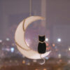 Hanging Suncatcher Black Cat On Moon stained glass window is a unique handmade decor, idea for anniversary, birthday and Christmas gift for an animal lover. This cute miniature art can decorate your home and garden outdoor decor, pet loss memorial.
