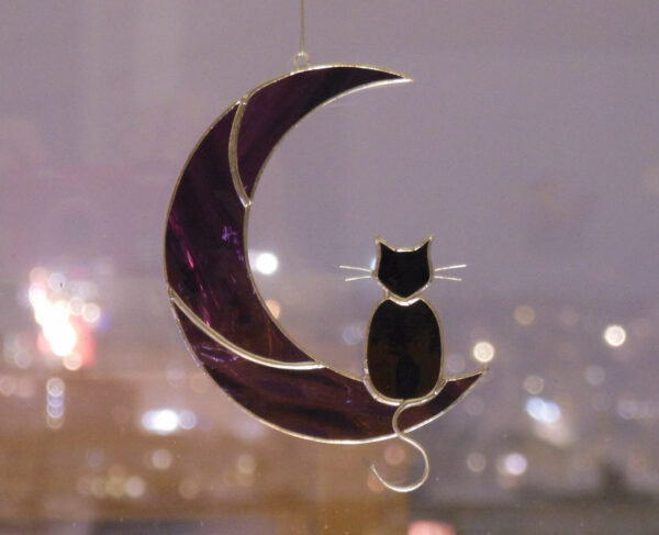 Black Cat On The Purple Moon Original Art stained glass window hanging Suncatcher Gift for animal lover, pet loss memorial, Purple and black Hanging Suncatcher Black Cat On Purple Moon stained glass window is a unique handmade decor, idea for birthday and Christmas gift for an animal lover. This cute miniature art can decorate your home and garden outdoor decor, and pet loss memorial.