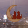Hanging Suncatcher 2 Ginger Cats On Moon stained glass is a unique handmade decor, idea for Christmas gift for animal lover. This cute art miniature can decorate your the window and wall in your home and garden outdoor decor, and pet loss memorial.