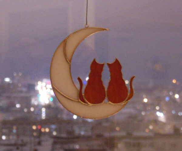 Hanging Suncatcher 2 Ginger Cats On Moon stained glass is a unique handmade decor, idea for Christmas gift for animal lover. This cute art miniature can decorate your the window and wall in your home and garden outdoor decor, and pet loss memorial.