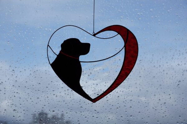Hanging Suncatcher Black Retriever Labrador in Heart stained glass is unique handmade decor, idea for birthday and Christmas gift for an animal lover. This cute miniature art can decorate your home and garden outdoor decor, and pet loss memorial.