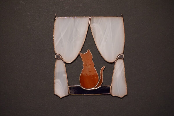 Orange Cat in the Window Original Stained glass hanging Suncatcher . Gift for animal lover , pet loss memorial . ginger Hanging Suncatcher Cat in the Window stained glass is a unique handmade decor, idea for birthday and Christmas gift for animal lover. This cute art miniature can decorate your wall in your home and garden outdoor decor, and pet loss memorial.
