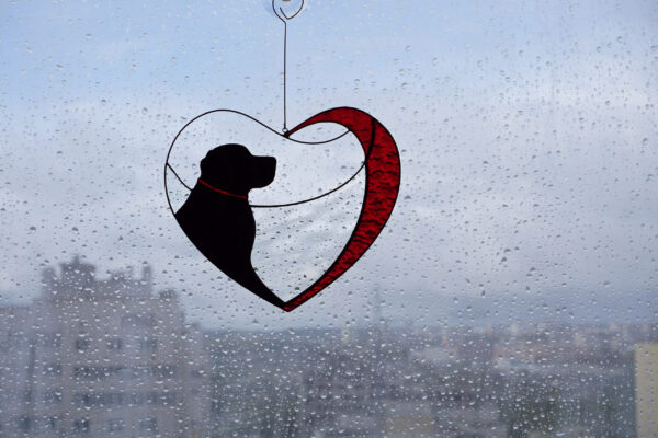 Hanging Suncatcher Black Retriever Labrador in Heart stained glass is unique handmade decor, idea for birthday and Christmas gift for an animal lover. This cute miniature art can decorate your home and garden outdoor decor, and pet loss memorial.
