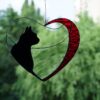 Hanging Suncatcher Black Cat in Heart stained glass is a unique handmade decor, idea for Christmas gift for an animal lover. This cute miniature art can decorate your the window and wall in your home and garden outdoor decor, and pet loss memorial.