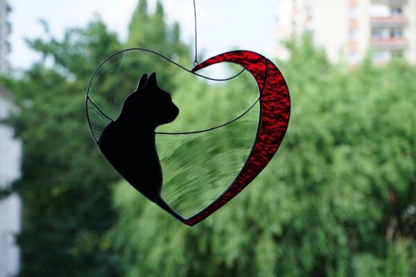 Hanging Suncatcher Black Cat in Heart stained glass is a unique handmade decor, idea for Christmas gift for an animal lover. This cute miniature art can decorate your the window and wall in your home and garden outdoor decor, and pet loss memorial.