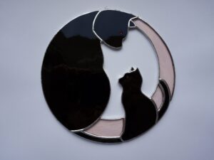 Hanging Suncatcher Black Cat stained glass is a unique handmade decor, idea for birthday and Christmas gift for animal lover. This cute miniature art can decorate your the window and wall in your home and garden outdoor decor, and pet loss memorial.