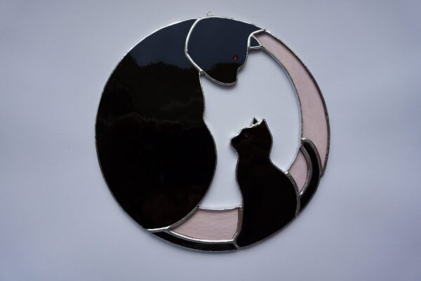 Hanging Suncatcher Black Cat stained glass is a unique handmade decor, idea for birthday and Christmas gift for animal lover. This cute miniature art can decorate your the window and wall in your home and garden outdoor decor, and pet loss memorial.