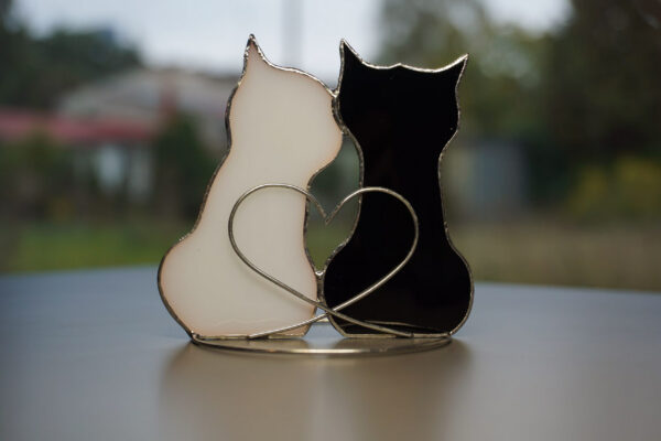 Stained Glass Black Cat Suncatcher: Witch Hat Halloween Decor Suncatcher A couple in love Two cats shelf sitters, stained glass window is a unique handmade decor, a great idea for anniversary, birthday and Christmas gift for animal lover. This cute miniature art can decorate your home and garden outdoor decor.