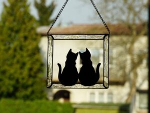 Hanging Suncatcher stained glass window Two Black Cats is a unique handmade decor, a idea for anniversary, birthday and Christmas gift for animal lover. This cute miniature art can decorate your home and garden outdoor decor, and pet loss memorial