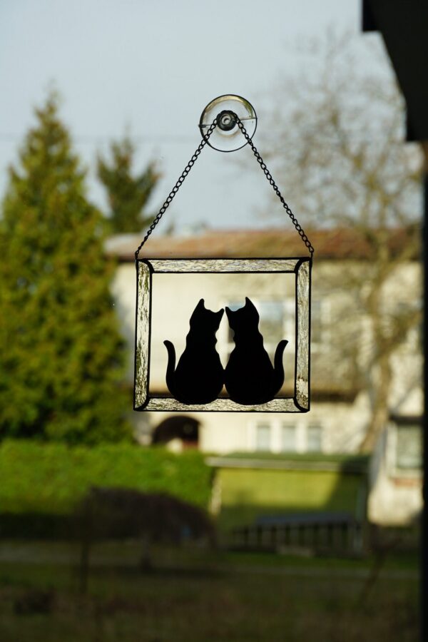 Hanging Suncatcher stained glass window Two Black Cats is a unique handmade decor, a idea for anniversary, birthday and Christmas gift for animal lover. This cute miniature art can decorate your home and garden outdoor decor, and pet loss memorial