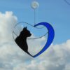 Black Cat in Blue Heart . Original Art stained glass window hanging Suncatcher . Gift for animal lover , pet loss memorial