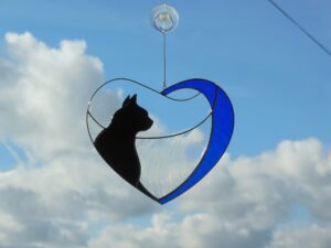 Black Cat in Blue Heart . Original Art stained glass window hanging Suncatcher . Gift for animal lover , pet loss memorial