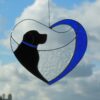 Dog Black Retriever Labrador in Blue Heart Original Art Stained glass window hanging Suncatcher