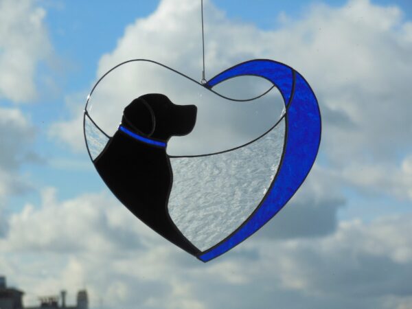Dog Black Retriever Labrador in Blue Heart Original Art Stained glass window hanging Suncatcher