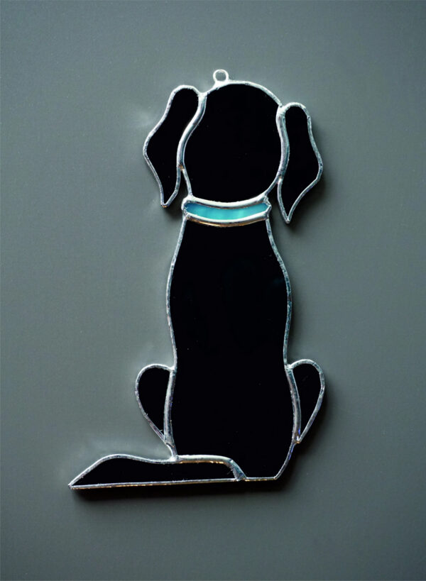 Hanging Suncatcher Dog Retriever Labrador stained glass window is a unique handmade decor, idea for birthday and Christmas gift for an animal lover. This cute miniature art can decorate your home and garden outdoor decor, and pet loss memorial.
