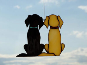 Hanging Suncatcher Dogs Retriever Labrador stained glass window is a unique handmade decor, idea for birthday and Christmas gift for an animal lover. This cute miniature art can decorate your home and garden outdoor decor, and pet loss memorial.