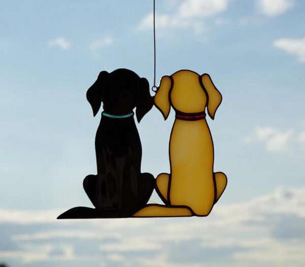 Hanging Suncatcher Dogs Retriever Labrador stained glass window is a unique handmade decor, idea for birthday and Christmas gift for an animal lover. This cute miniature art can decorate your home and garden outdoor decor, and pet loss memorial.