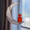 Orange Cat On The Moon stained glass window hanging Suncatcher . Gift for animal lover , pet loss memorial