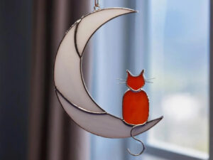 Orange Cat On The Moon stained glass window hanging Suncatcher . Gift for animal lover , pet loss memorial