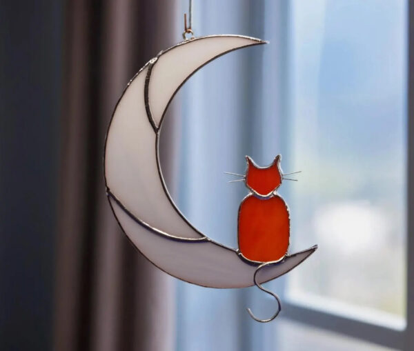 Orange Cat On The Moon stained glass window hanging Suncatcher . Gift for animal lover , pet loss memorial
