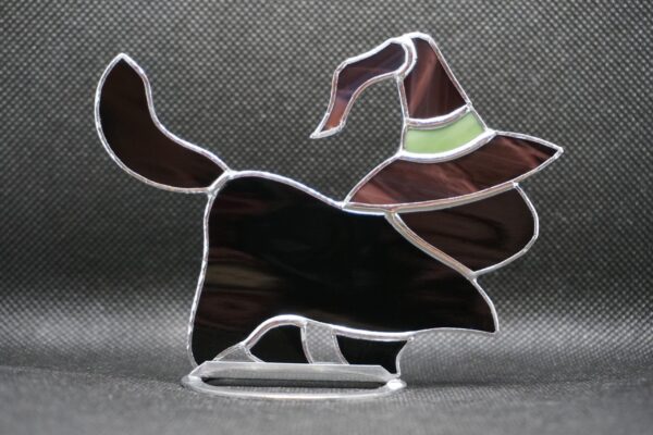 Stained Glass Black Cat Suncatcher: Witch Hat Halloween Decor