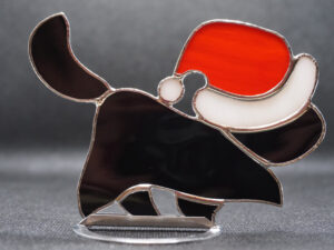 Black Cat In Santa's Hat Original Stained glass Christmas Decor standing shelf sitters Suncatcher Gift animal lover