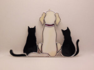 Dog and Two Cats , Retriever Labrador , Original Art stained glass hanging . Gift animal lover , pet loss memorial
