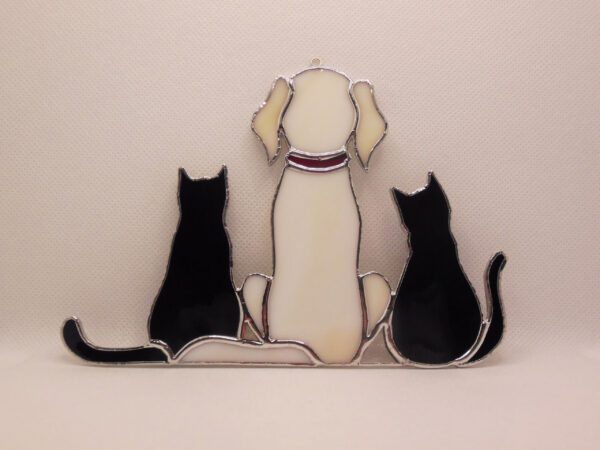 Dog and Two Cats Retriever Labrador, Original Art stained glass hanging. Gift animal love pet loss memorial Dog and Two Cats , Retriever Labrador , Original Art stained glass hanging . Gift animal lover , pet loss memorial